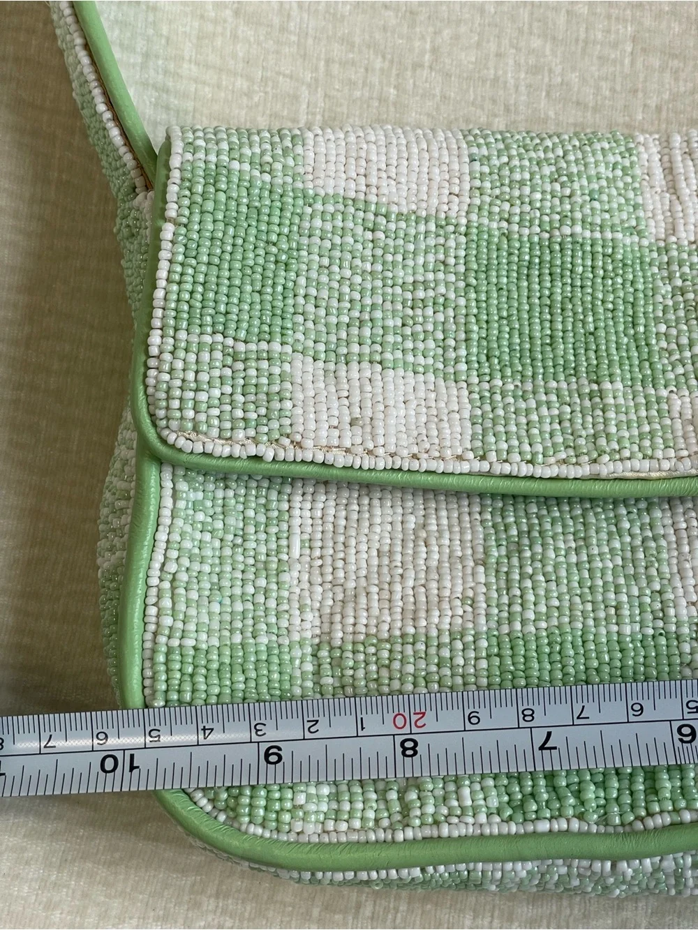 STAUD Green and White Checkered Beaded Shoulder Bag